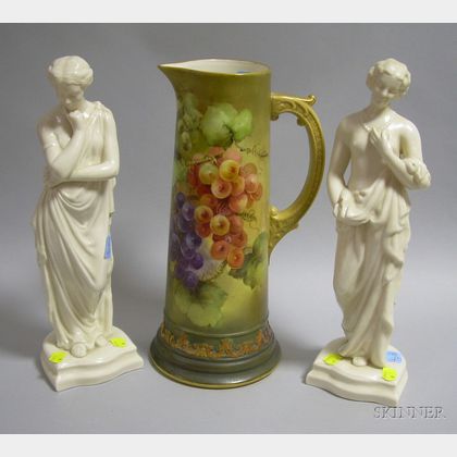 Two Belleek Classical-style Porcelain Maiden Figures and a Lenox Belleek Hand-painted Grapevine Decorated Porcelain Pitcher