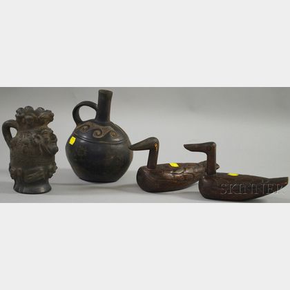 Two Pottery Items and a Pair of Carved Wooden Ducks