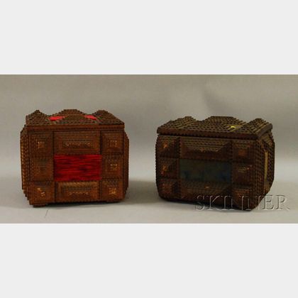Two Tramp Art Notch-carved Wood Lidded Boxes