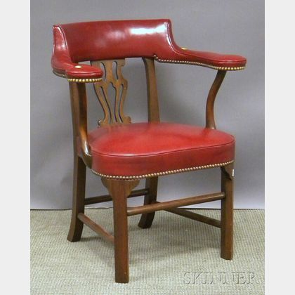 Kittinger Williamsburg Restoration Chippendale-style Red Leather Upholstered Mahogany Armchair