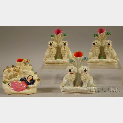Four English Staffordshire Spaniel Figural Group Spill Vases