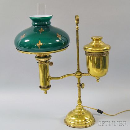 Belgian Lamp Co. Adjustable Single-arm Student Lamp with Cased Green Glass Shade