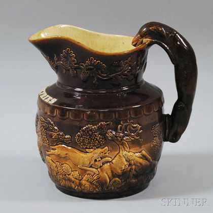 Brown Glazed Hound-decorated Handled Earthenware Pitcher