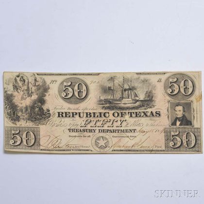 Republic of Texas $50 Note. Estimate $200-400