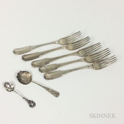 Five English George III Sterling Silver Dinner Forks and Two Chinese Export Silver Spoons