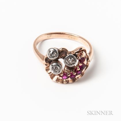 Retro 14kt Rose Gold, Diamond, and Synthetic Ruby Ring