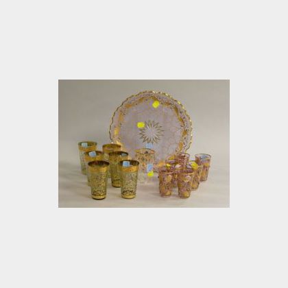 Thirteen Small Moser-type Enamel Decorated Colored Glasses and a Tray