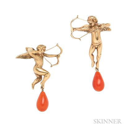 14kt Gold and Coral Cupid Earrings, Gabriella Kiss