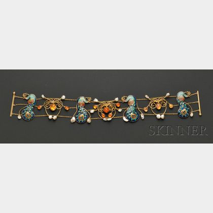Arts & Crafts Enamel, Fire Opal and Freshwater Pearl Dog Collar, probably England