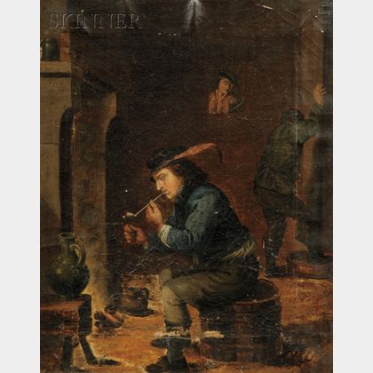 Dutch School, 17th Century Style Interior with a Man Lighting His Pipe