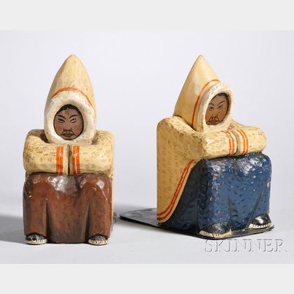 Pair of Grenfell Industries Polychrome-painted Carved Wood Seated Eskimo Figural Bookends