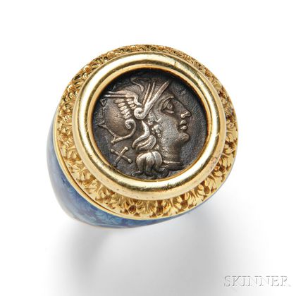 18kt Gold, Ancient Coin, and Enamel Ring