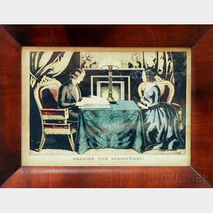 Framed Nathaniel Currier Hand-colored Engraving Reading The Scriptures