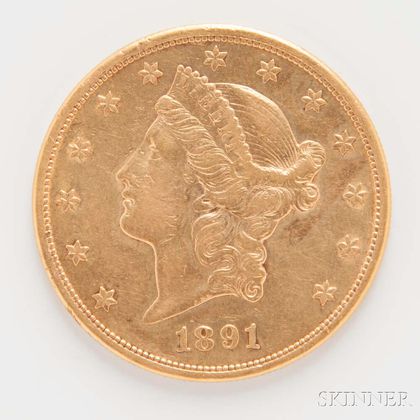 1891-S $20 Liberty Head Gold Coin. Estimate $1,000-1,500