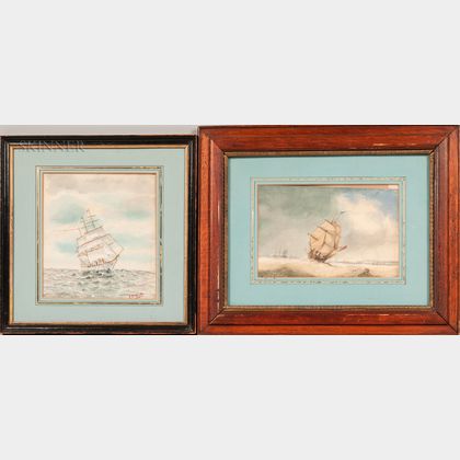 American School, 20th Century Two Framed Maritime Watercolors: American Ship
