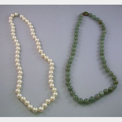 Cultured Pearl Single-strand Necklace and a Nephrite Beaded Necklace