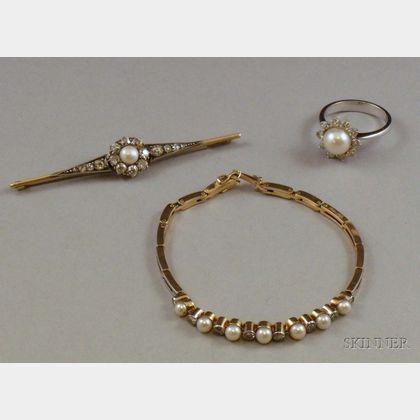 Three Pieces of Gold, Pearl, and Diamond Jewelry