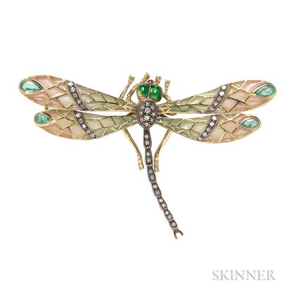 18kt Gold and Plique-a-jour Enamel Dragonfly Brooch
