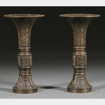 Pair of Bronze Gu Vases