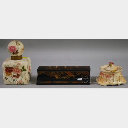 European Gilt and Hand-painted Floral Decorated Ceramic Inkwell, Inkstand, and a Chinoiserie Decorated Black Lacquered Papier-mache ...