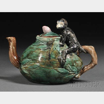 Fruit-form Majolica Teapot with Monkey
