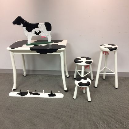 Vermont Sled Company Cow-design Table, Three Stools, Clothing Rack, and Puzzle