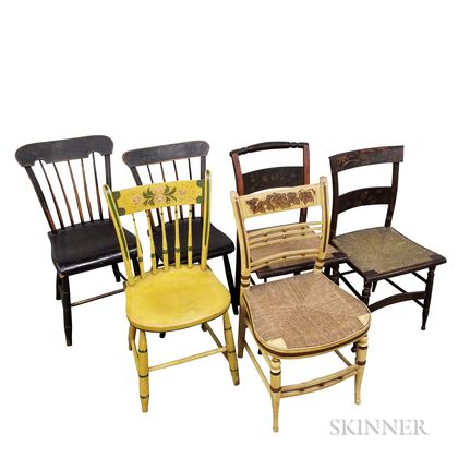 Six Painted and Stenciled Country Side Chairs