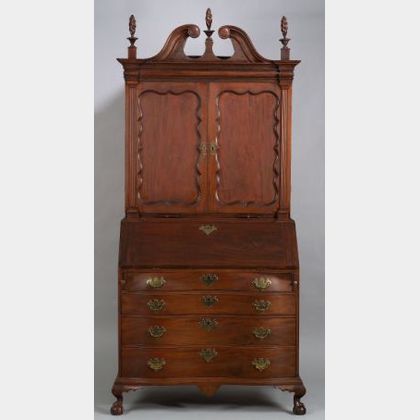 Chippendale Mahogany Carved Reverse Serpentine Desk and Bookcase