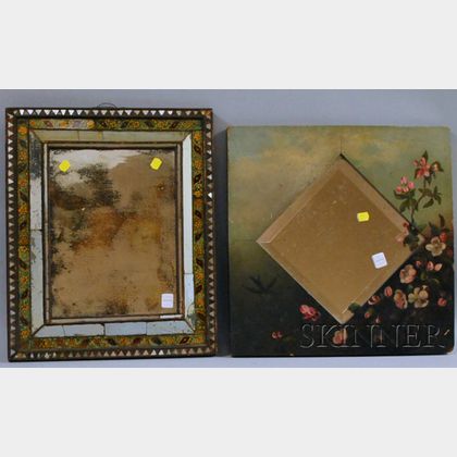 Late Victorian Folk Painted Apple Blossom and Landscape-decorated Wood Framed Beveled Glass Mirror and a Reverse-painted and Mirrored G