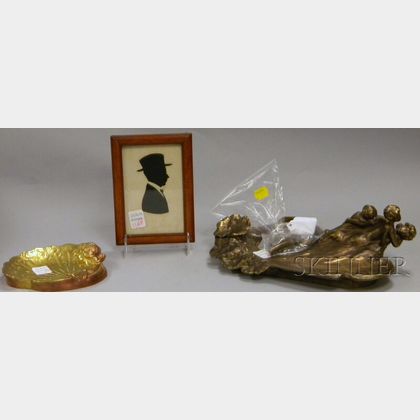 Art Nouveau Cast Metal Figural Inkwell, Brass Card Tray, and a Miniature Framed Cut Paper Silhouette of a Man in a Hat