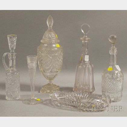 Six Colorless Cut and Molded Glass Table Items