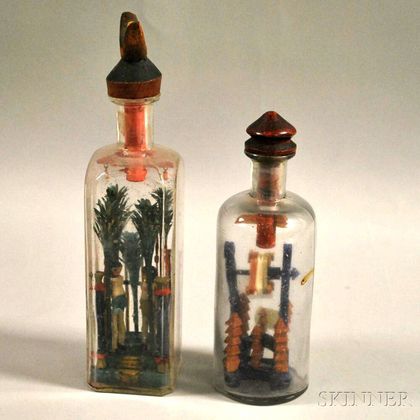 Two Folk Art Glass Bottle and Painted Carved Wood Figural Whimseys