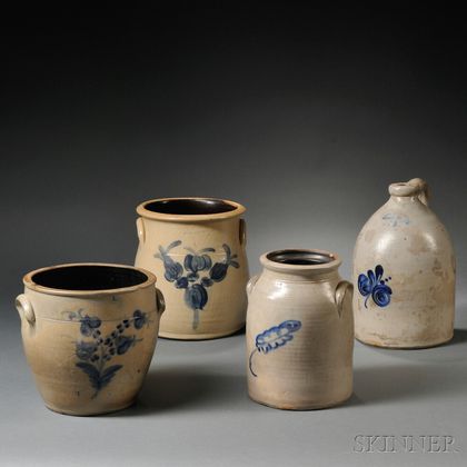 Four Cobalt-decorated Stoneware Items