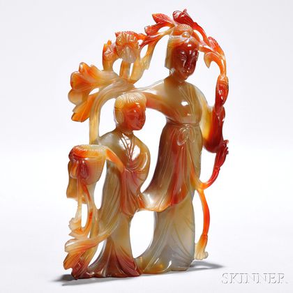 Carved Agate Guanyin and Faux Bamboo Vase