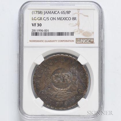 1758 GR Counterstamp on a 1757 Mexican Pillar 8 Reales, NGC VF30