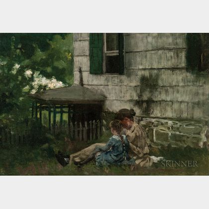 American School, 19th/20th Century Mother and Daughter Seated Beside a House