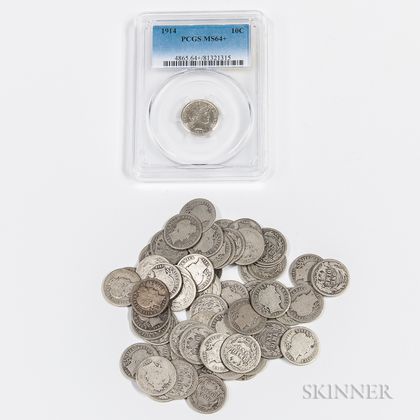 1914 Barber Dime, PGCS MS64+ and Fifty-nine Circulated Barber Dimes. Estimate $200-250