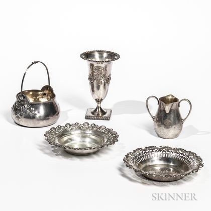 Four Pieces of Sterling Silver Tableware and a Silver-plated Vase