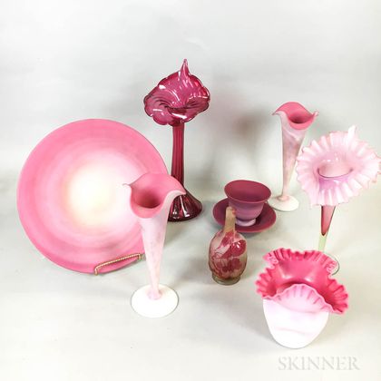 Small Galle Cameo Glass Bud Vase and a Group of Late Victorian Pink Glass