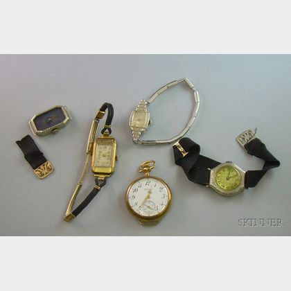 Lady's 14kt Gold Open Face Consular Case Elgin 7-Jewel Pocket Watch and Four Lady's Wristwatches