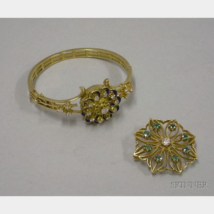 14kt Gold, Diamond, and Enamel-decorated Floriform Wristwatch Bracelet and Gold, Diamond, and Gemstone Brooch