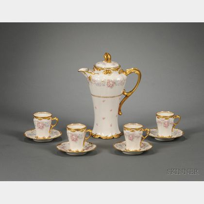 Nine-piece J. Pouyat Limoges Gilt and Transfer Floral Decorated Porcelain Chocolate Set