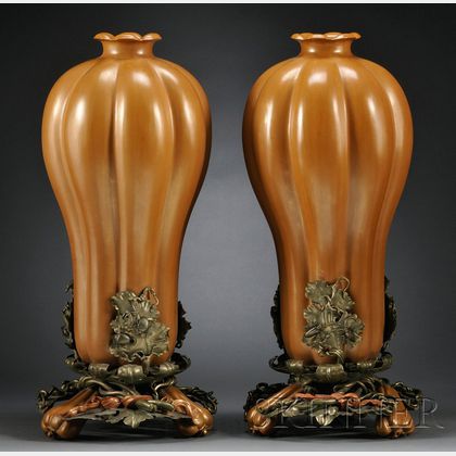 Pair of Lacquered Wood Gourd Vases
