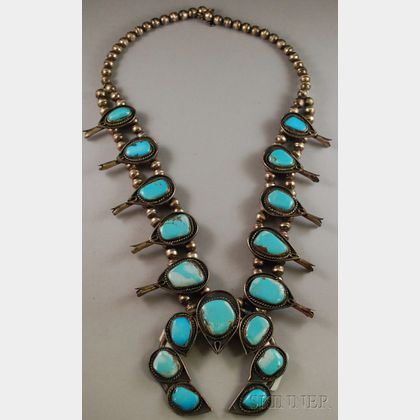 Native American Southwest Zuni Silver and Turquoise Squash Blossom Necklace
