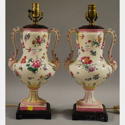 Pair of European Urn-shaped Floral-decorated Table Lamps