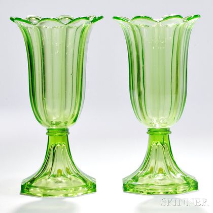 Pair of Light Green Pressed Glass Tulip Vases