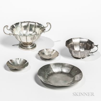 Three Pieces of Sterling Silver Tableware and a Silver-plated Cup and Saucer