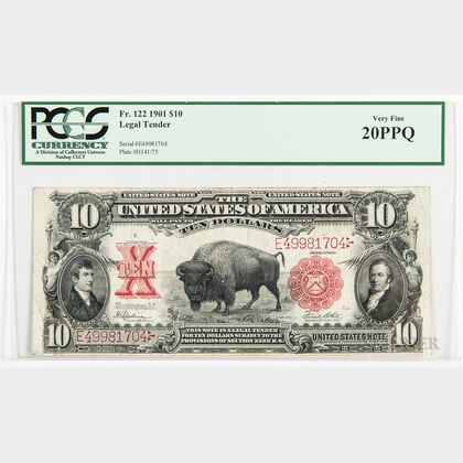 1901 $10 Legal Tender 'Bison' Note, Fr. 122, PCGS Currency Very Fine 20PPQ. Estimate $500-700