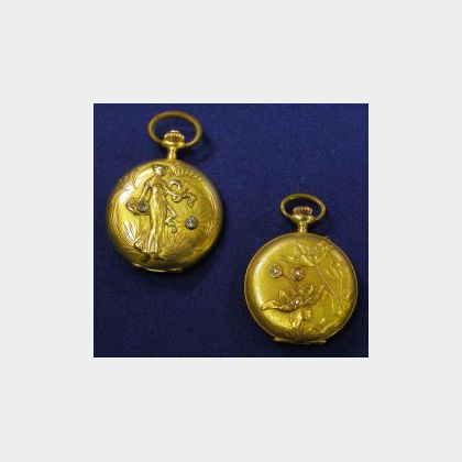 Two Art Noveau 18kt Gold and Diamond Hunting Case Pocket Watches, Swiss