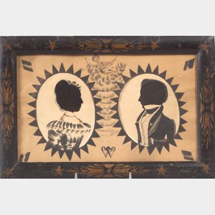 American School, 19th Century Double Silhouette Portraits of a Lady and Gentleman with Cupid and Hearts.